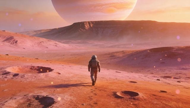 Astronaut walking across alien cratered plain toward looming gas giant at orange sunset