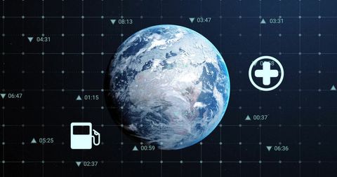 Digital holographic earth with global industry icons and numbers