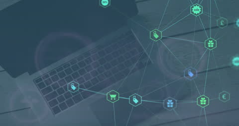 Digital Icons Network Over Laptop on Wooden Surface