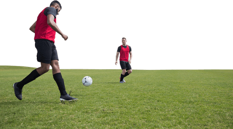 Two diverse footballers competing on transparent background