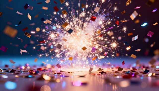 Bursting sparkler scattering colorful confetti with bokeh lights and reflections, festive