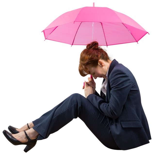 Sad Businesswoman Sitting Under Pink Umbrella on Transparent Background - Download Free Stock Videos Pikwizard.com