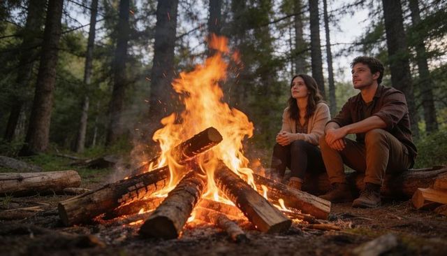 Couple warming by roaring campfire in pine forest at twilight, cozy camping night outdoors