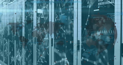 Digital Data Network with Overlay of Globe and Map in Server Room