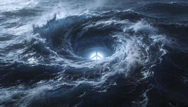 Glowing maelstrom vortex pulling stormy ocean into luminous abyss with three-pronged light