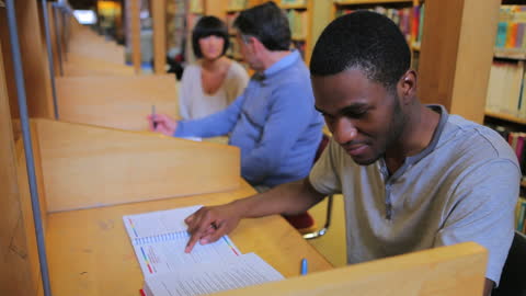 Diverse Mature Students Studying in College Library