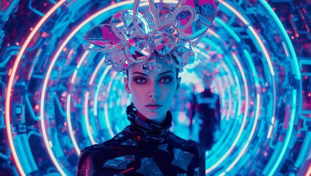 Futuristic woman in neon tunnel with avant-garde headdress