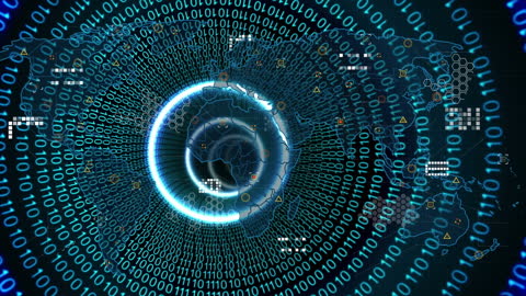 Digital World Map with Binary Code and Blue Energy Tunnel