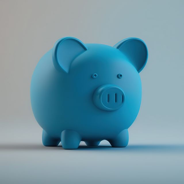 Blue piggy bank sitting against neutral background. Perfect for illustrating concepts related to savings, financial planning, budgeting, investing, and economic management. Can be used in articles, websites, presentations, and promotional materials dealing with personal finance or banking services.
