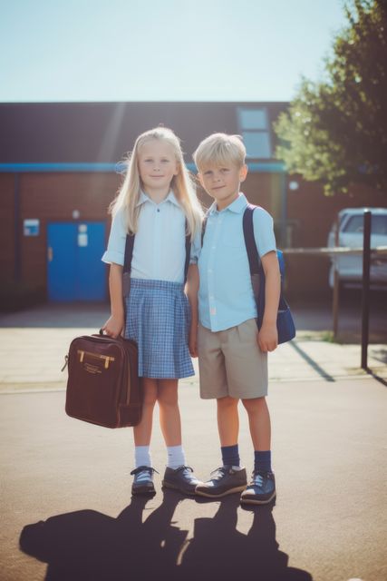Two young children standing together outside a school building, wearing school uniforms and backpacks. The girl holds a schoolbag. They are on a flat outdoor surface with trees in the background, under a clear blue sky. Ideal for use in educational materials, school-related promotions, and back-to-school campaigns.