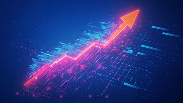 Futuristic neon arrow indicating growth on digital grid