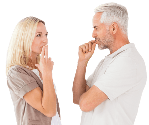Transparent upscale couple in thoughtful conversation expression
