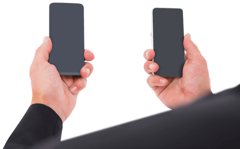 Businessman holding two smartphones isolated on transparent background
