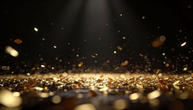 Shimmering gold coins falling through spotlight onto reflective surface, glittering bokeh