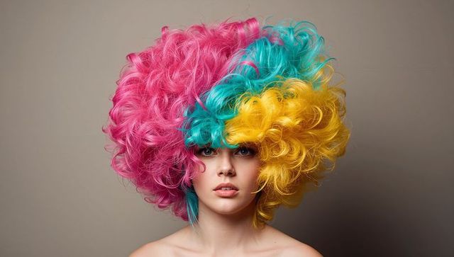 Vibrant tri-color curly wig portrait, bold pink teal yellow avant-garde beauty look studio