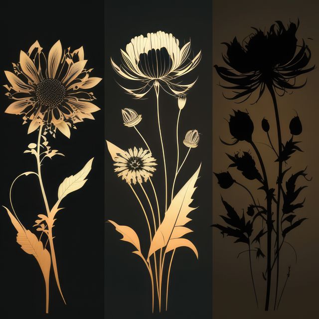 Close up of flower silhouettes on dark background, created using generative ai technology. Nature, pattern and texture concept digitally generated image.