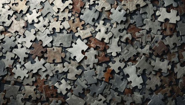 Rustic Metal Industrial Jigsaw Pieces Closeup Showing Interlocking Patina and Worn Texture