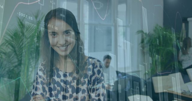 Smiling Young Woman in Office with Stock Market Data Overlay - Download Free Stock Images Pikwizard.com