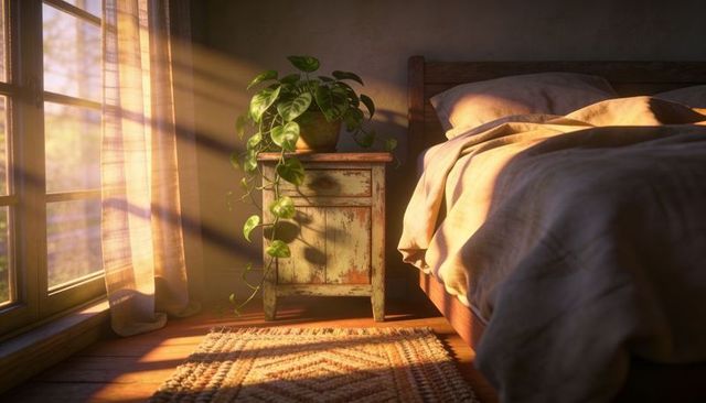 Sunlit rustic bedroom corner with pothos on distressed nightstand at golden hour