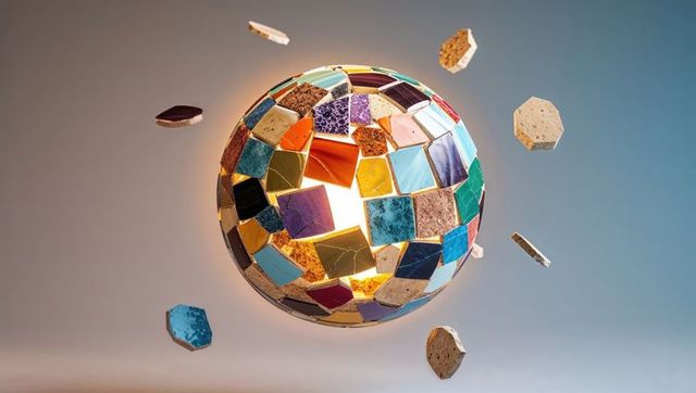 Floating mosaic sphere emitting warm radiant glow