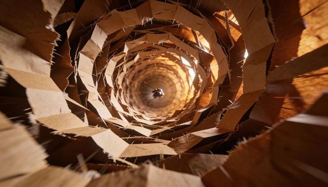 Spiraling torn cardboard tunnel drawing inward toward glowing center and textured fibers