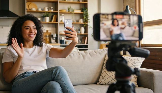 Young woman waving while recording lifestyle vlog on smartphone in cozy living room