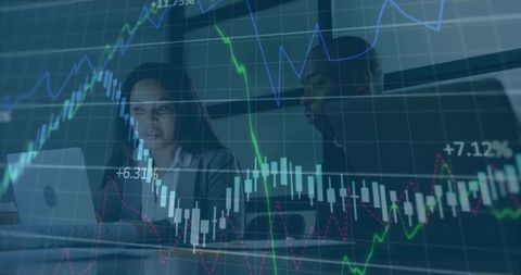 Business analysts digitally reviewing stock trends in modern office