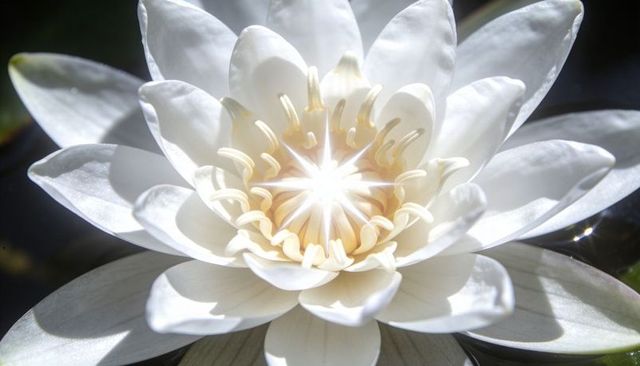 Sunlit white water lily macro closeup blooming on dark pond with radiant center