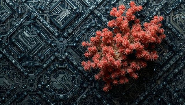 Red coral cluster contrasting with intricate circuit board pattern, tech nature fusion