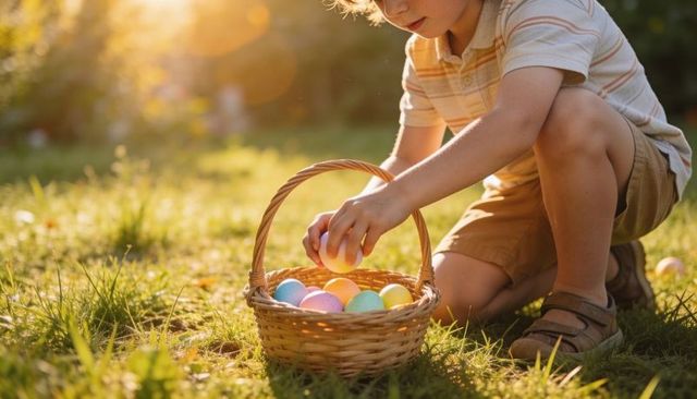 Boy placing pastel easter eggs in woven basket during golden hour backyard hunt, sunlit
