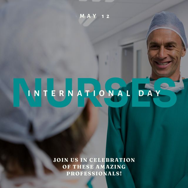 Composite of may 12 and international nurses day text over caucasian nurses talking in hospital. Join us in celebration of these amazing professionals, teamwork, healthcare, awareness, honor.