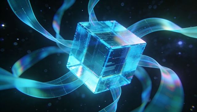 Glowing Holographic Cube Floating with Iridescent Ribbons and Digital Circuit Grid