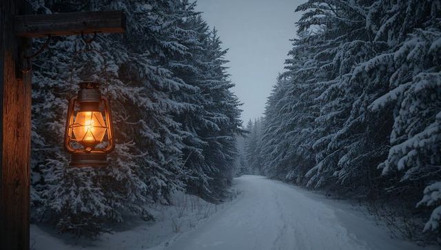Glowing lantern swinging from wooden post casting amber light on snowy forest road at dusk
