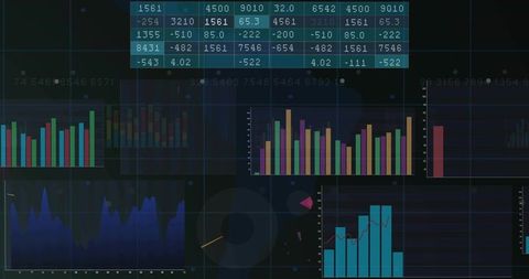 Dark analytics dashboard displaying neon data panels with cyan table, bar and area charts