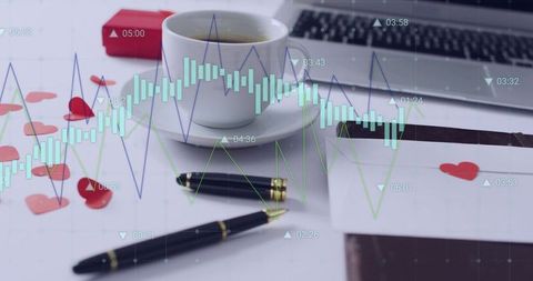 Balancing work and romance with coffee cup, hearts and financial charts