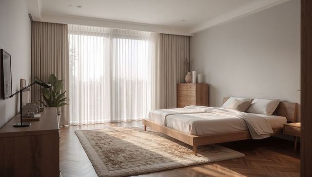 Sunlit Minimalist Scandinavian Bedroom with Low Wooden Platform Bed and Sheer Curtains