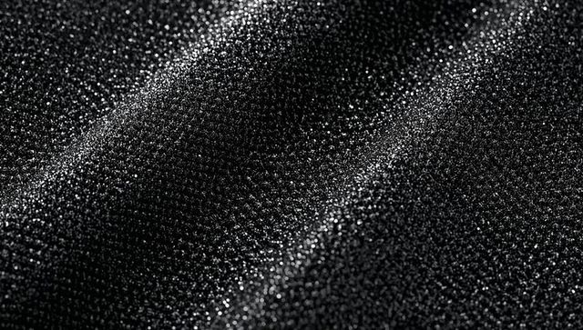 Black glitter fabric macro texture showing sparkling microbeads and diagonal folds closeup