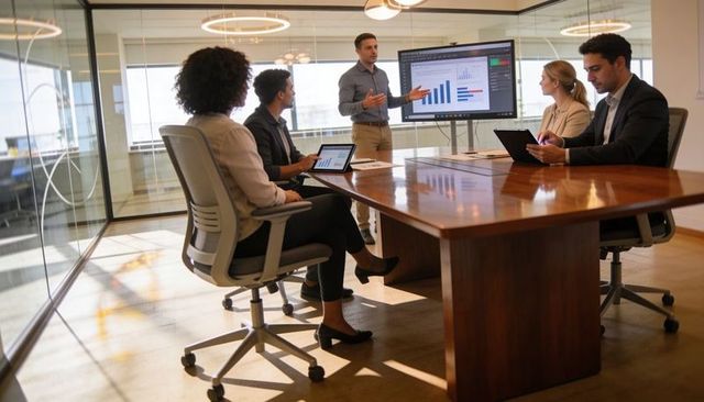 Business team reviewing sales charts in modern glass boardroom during daytime presentation