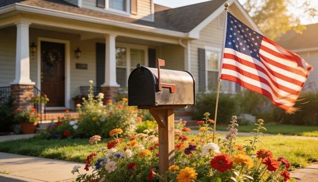 Suburban mailbox with american flag and vibrant flower garden by front porch at sunset