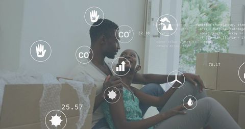 Couple unpacking and cuddling in sunlit new home with moving boxes and smart HUD overlays