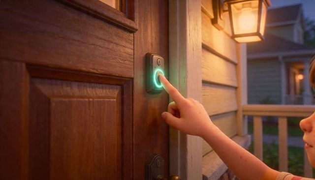 Child pressing smart doorbell on wooden front porch at twilight with green halo light