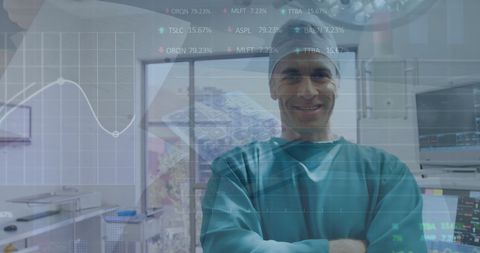 Caucasian Surgeon in Hospital Operating with Medical Data Analytics