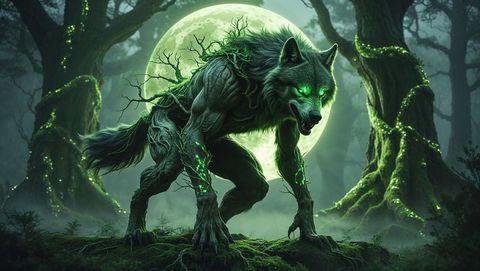 Mystical werewolf emerging in enchanted moonlit forest