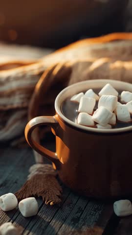 Vertical cinematic pan over steaming hot chocolate mug topped with marshmallows