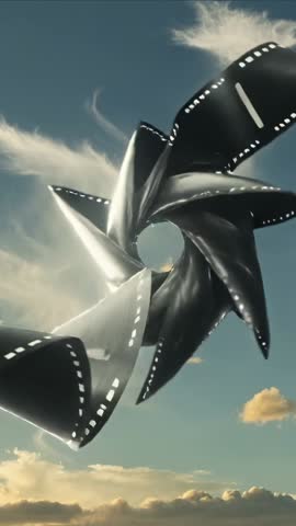 Cinematic Filmstrip Spiral Twisting into Cyan Portal over Cloudscape — Vertical Loop
