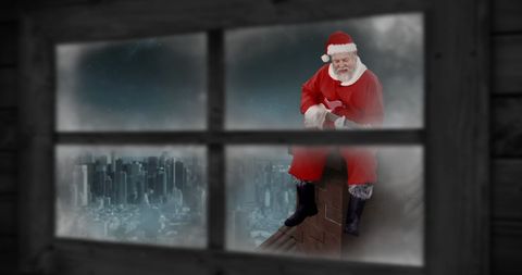 Santa Claus Rests on Rooftop Overlooking City at Night
