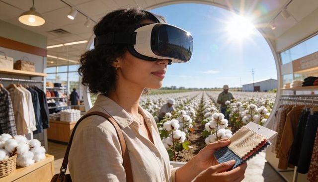Woman using vr headset selecting fabric swatches in showroom overlooking cotton field