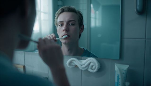 Young man brushing teeth in mirror during morning routine practicing calm self-care