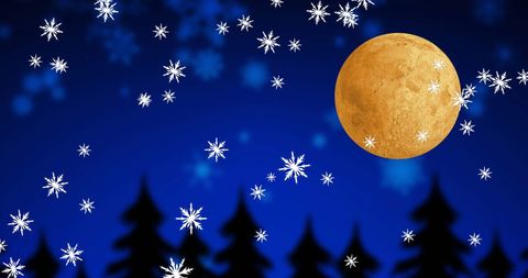 Winter Night Scene with Snowfall and Full Moon