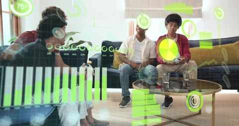 Friends using augmented reality hud while playing console games in modern living room